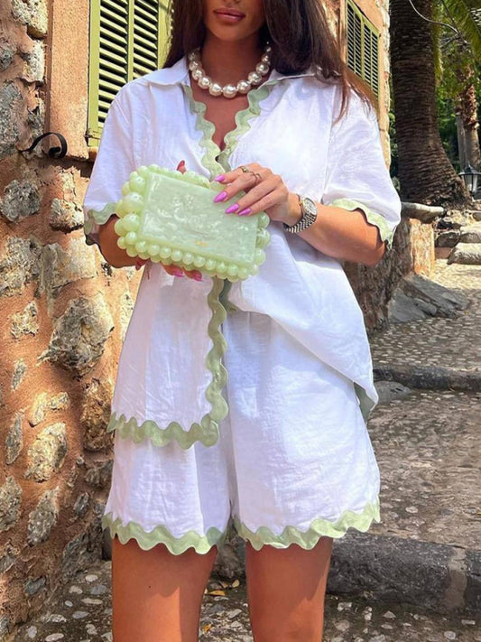Vacation outfit- Summer Vacation 2-Piece Wave Contrast Lace Shirt and Shorts- Pale green- Pekosa Women Clothing