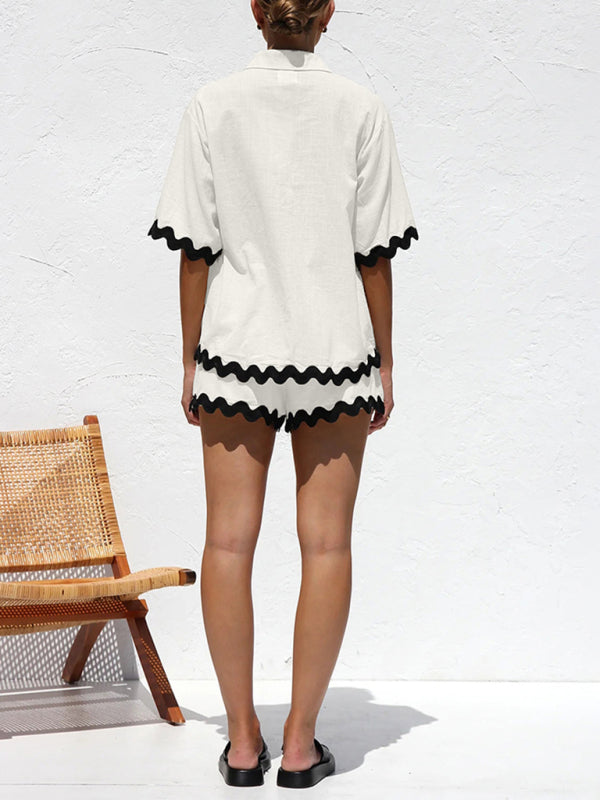 Vacation outfit- Summer Vacation 2-Piece Wave Contrast Lace Shirt and Shorts- - Pekosa Women Clothing