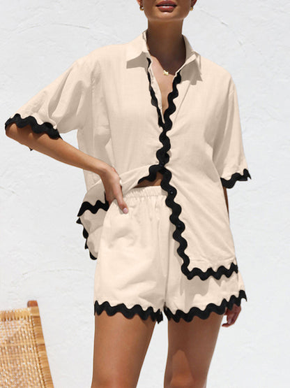 Vacation outfit- Summer Vacation 2-Piece Wave Contrast Lace Shirt and Shorts- - Pekosa Women Clothing