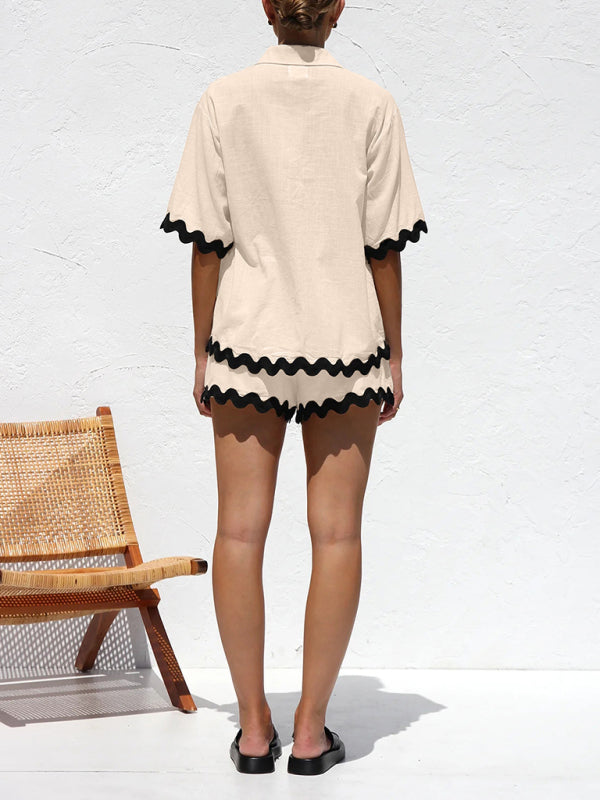 Vacation outfit- Summer Vacation 2-Piece Wave Contrast Lace Shirt and Shorts- - Pekosa Women Clothing