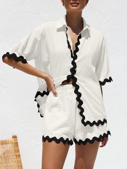 Vacation outfit- Summer Vacation 2-Piece Wave Contrast Lace Shirt and Shorts- White- Pekosa Women Clothing