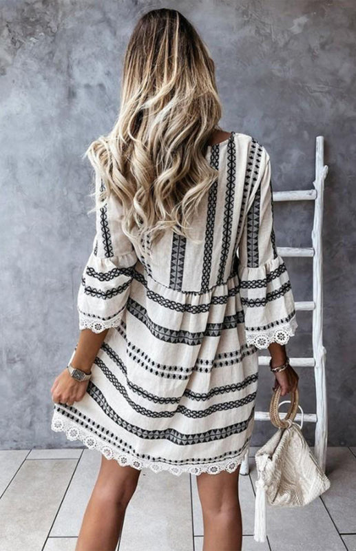 Vacay Dresses- Trendy Lace Accented Dress with Geometric Print & Flared Sleeves- - Pekosa Women Clothing