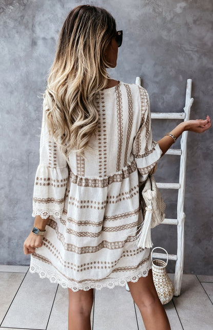 Vacay Dresses- Trendy Lace Accented Dress with Geometric Print & Flared Sleeves- - Pekosa Women Clothing