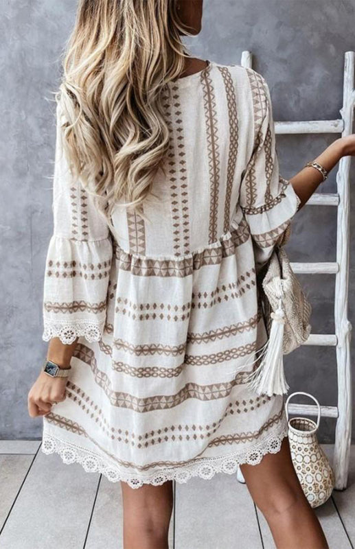 Vacay Dresses- Trendy Lace Accented Dress with Geometric Print & Flared Sleeves- - Pekosa Women Clothing