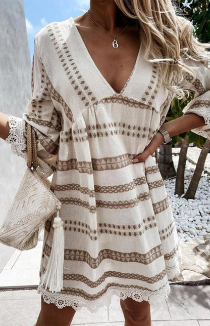 Vacay Dresses- Trendy Lace Accented Dress with Geometric Print & Flared Sleeves- - Pekosa Women Clothing