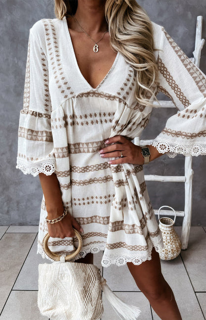 Vacay Dresses- Trendy Lace Accented Dress with Geometric Print & Flared Sleeves- Khaki- Pekosa Women Clothing