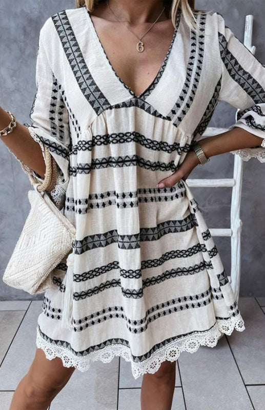 Vacay Dresses- Trendy Lace Accented Dress with Geometric Print & Flared Sleeves- Black- Pekosa Women Clothing