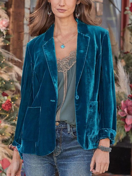 Velvet Blazers- Elegant Notch Lapel Single-Breasted Velour Blazer in Velvet- Green- Pekosa Women Clothing