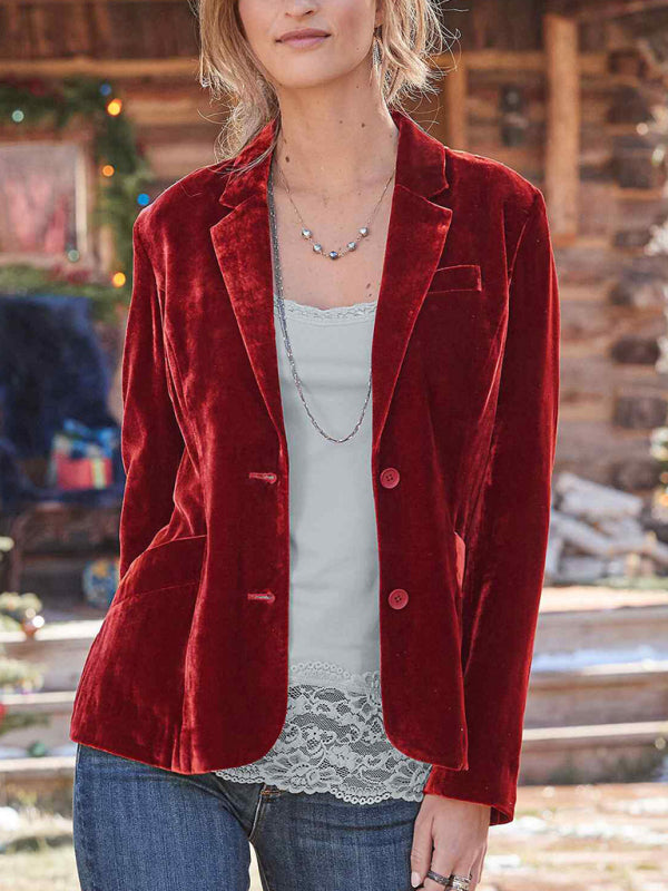 Velvet Blazers- Elegant Velvet Single-Breasted Jacket Blazer Tailored for Fall Fashion- Red- Pekosa Women Clothing