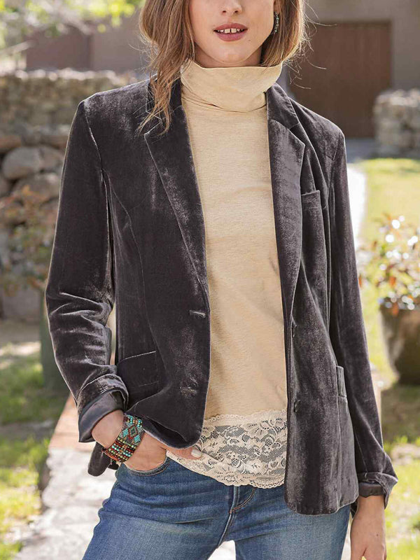 Velvet Blazers- Elegant Velvet Single-Breasted Jacket Blazer Tailored for Fall Fashion- Khaki- Pekosa Women Clothing