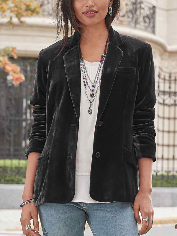 Velvet Blazers- Elegant Velvet Single-Breasted Jacket Blazer Tailored for Fall Fashion- Black- Pekosa Women Clothing