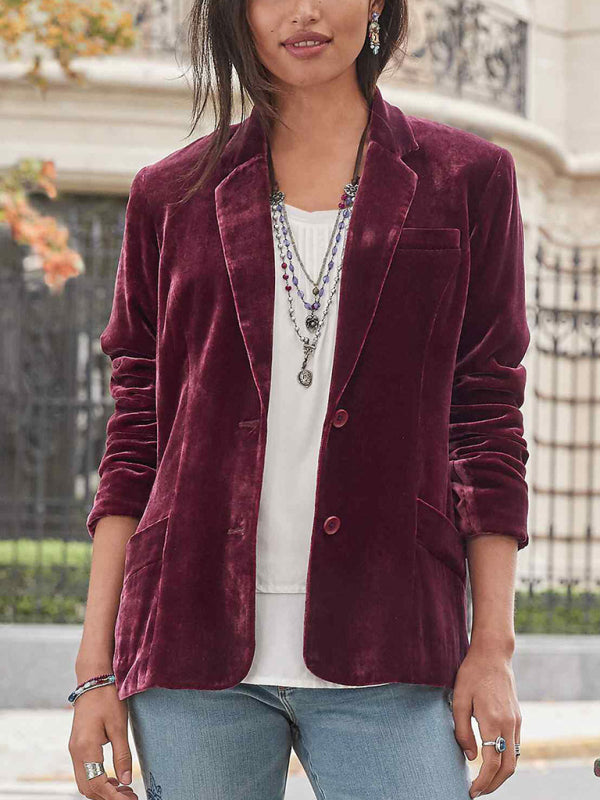 Velvet Blazers- Elegant Velvet Single-Breasted Jacket Blazer Tailored for Fall Fashion- Wine Red- Pekosa Women Clothing