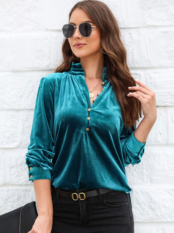 Velvet Blouses- Elegance in Velour Long Sleeve High Neck Velvet Blouse with Half-Button- - Pekosa Women Clothing