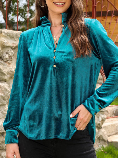 Velvet Blouses- Elegance in Velour Long Sleeve High Neck Velvet Blouse with Half-Button- Peacock blue- Pekosa Women Clothing