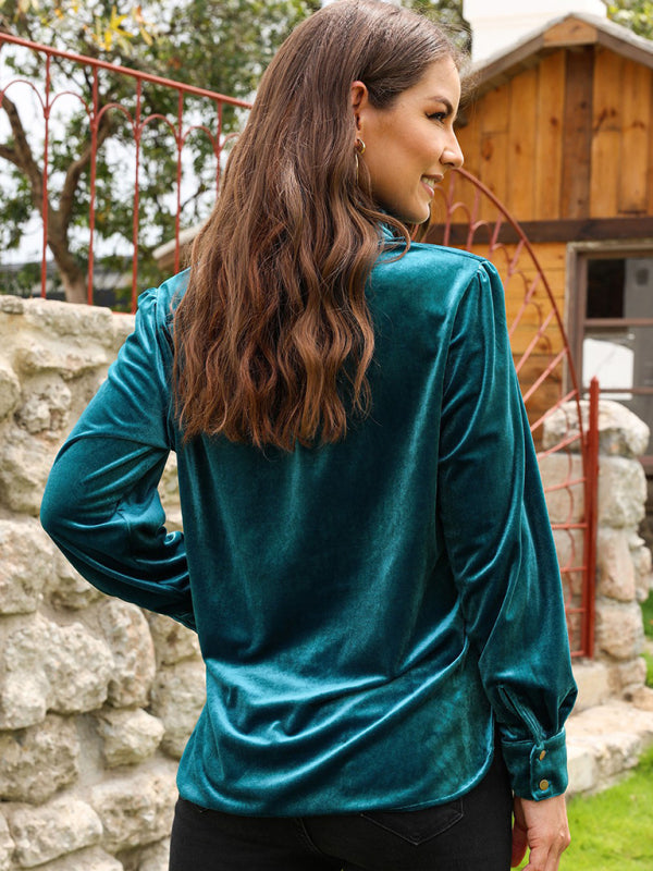 Velvet Blouses- Elegance in Velour Long Sleeve High Neck Velvet Blouse with Half-Button- - Pekosa Women Clothing