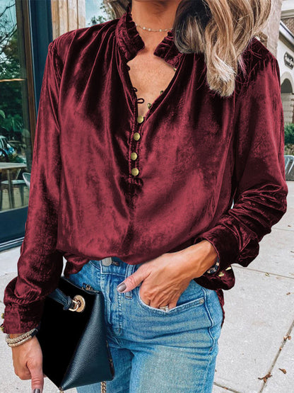 Velvet Blouses- Elegance in Velour Long Sleeve High Neck Velvet Blouse with Half-Button- Wine Red- Pekosa Women Clothing