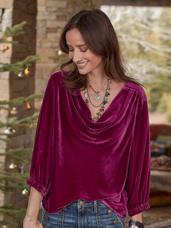 Velvet Blouses- Velour 3/4 Sleeves Cowl Top - Couture Velvet Elegance in a Blouse- Rose- Pekosa Women Clothing