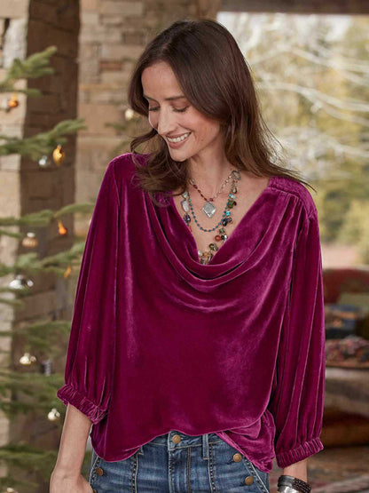 Velvet Blouses- Velour 3/4 Sleeves Cowl Top - Couture Velvet Elegance in a Blouse- Rose- Pekosa Women Clothing