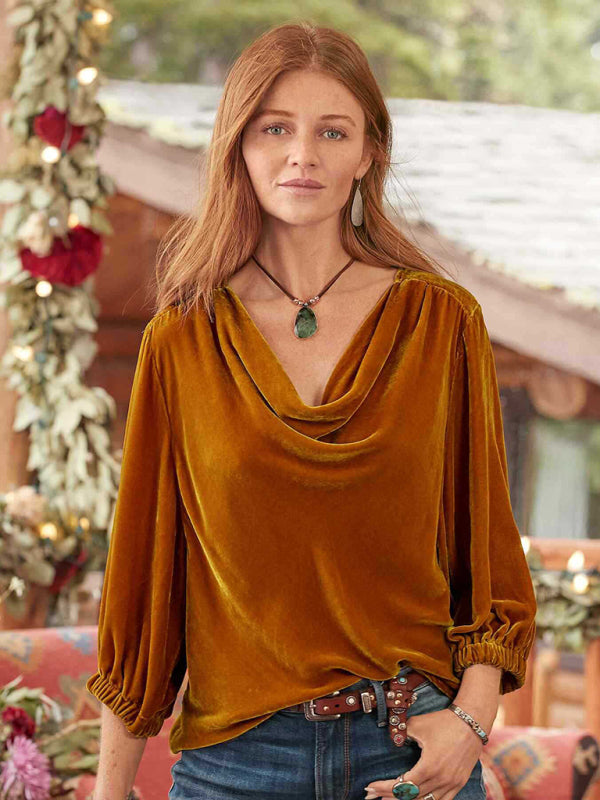 Velvet Blouses- Velour 3/4 Sleeves Cowl Top - Couture Velvet Elegance in a Blouse- Orange- Pekosa Women Clothing