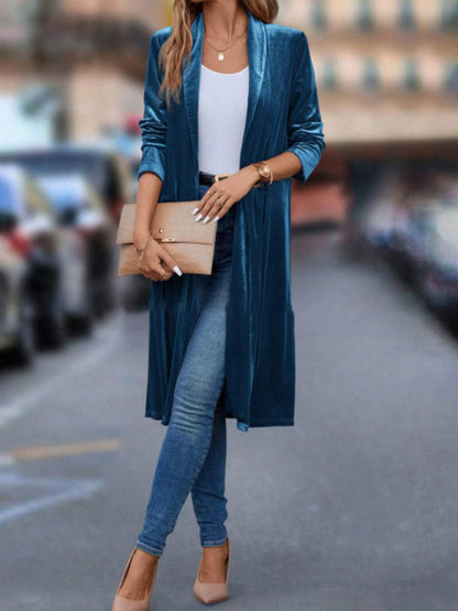 Velvet Coats- Velour Shawl Lapel Coat | Velvet Open Front Mid-Length Blazer- Blue- Pekosa Women Clothing