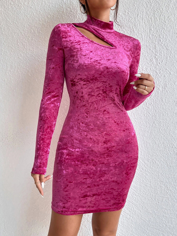 Velvet Dresses- Autumn Elegant Velvet High Neck Keyhole Bodycon Mini Dress- - Pekosa Women Clothing