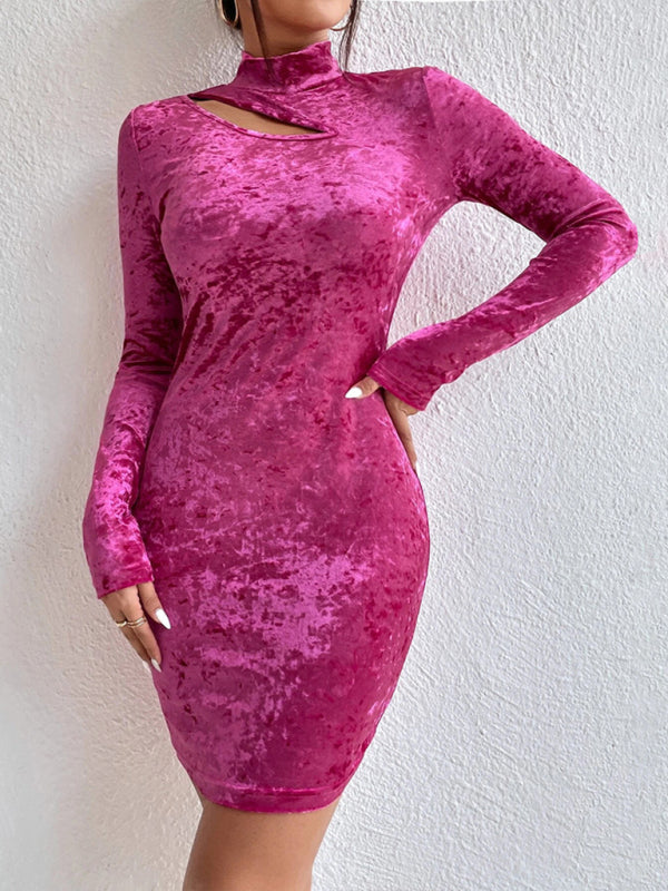 Velvet Dresses- Autumn Elegant Velvet High Neck Keyhole Bodycon Mini Dress- - Pekosa Women Clothing