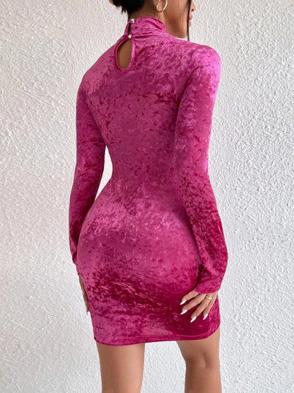 Velvet Dresses- Autumn Elegant Velvet High Neck Keyhole Bodycon Mini Dress- - Pekosa Women Clothing