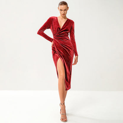 Velvet Dresses- Cocktail Bodycon - Sparkle Velvet V-Neck Dress- Red- Pekosa Women Clothing
