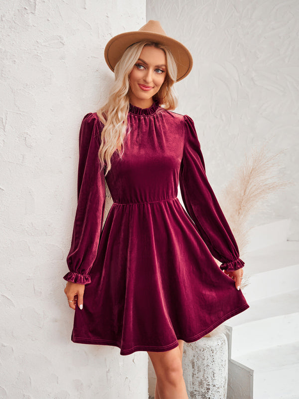 Velvet Dresses- Cocktail Couture: Fit and Flare Long Sleeve Velvet Mini Dress- - Pekosa Women Clothing