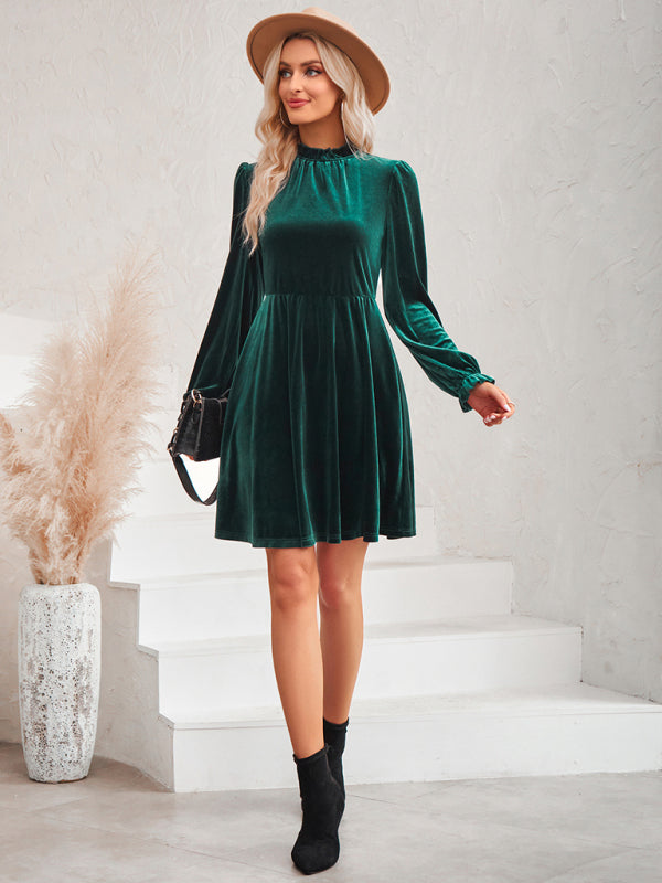 Velvet Dresses- Cocktail Couture: Fit and Flare Long Sleeve Velvet Mini Dress- - Pekosa Women Clothing