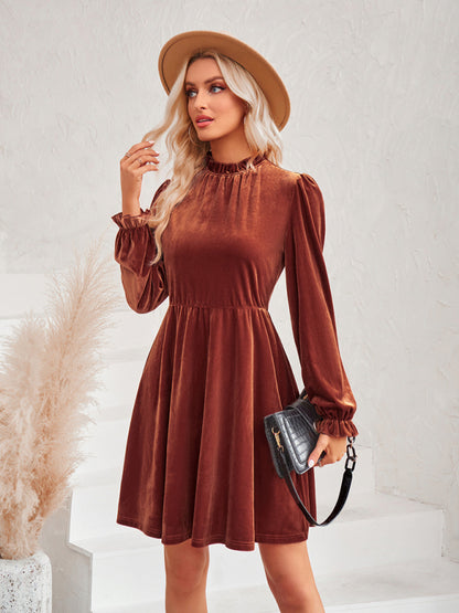 Velvet Dresses- Cocktail Couture: Fit and Flare Long Sleeve Velvet Mini Dress- - Pekosa Women Clothing