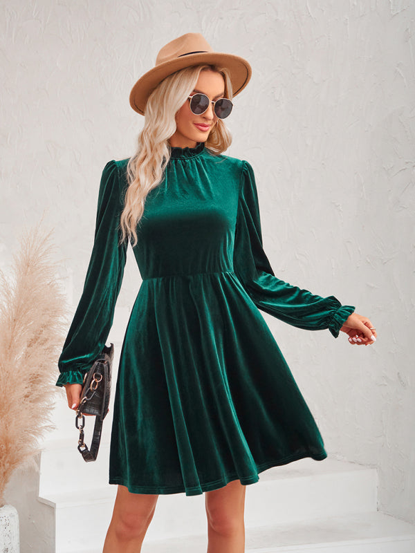 Velvet Dresses- Cocktail Couture: Fit and Flare Long Sleeve Velvet Mini Dress- - Pekosa Women Clothing