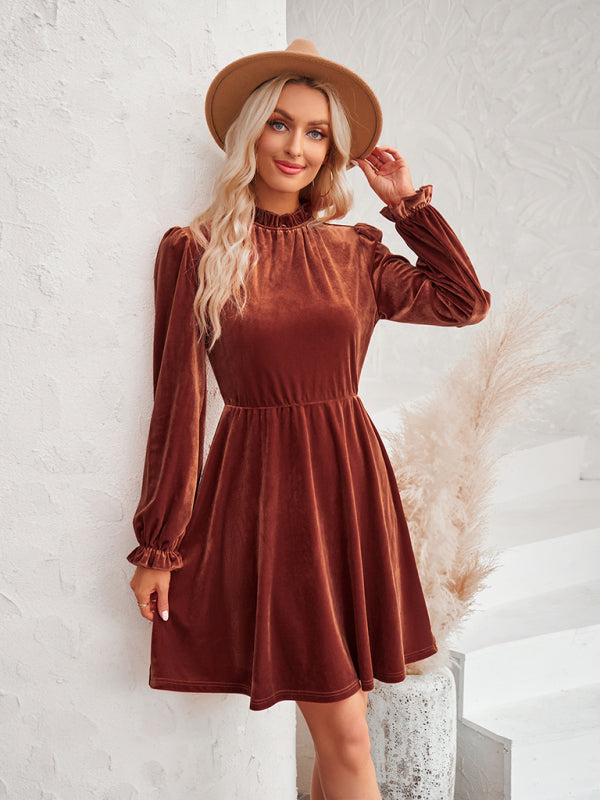 Velvet Dresses- Cocktail Couture: Fit and Flare Long Sleeve Velvet Mini Dress- - Pekosa Women Clothing