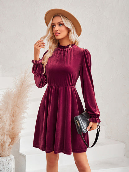 Velvet Dresses- Cocktail Couture: Fit and Flare Long Sleeve Velvet Mini Dress- - Pekosa Women Clothing