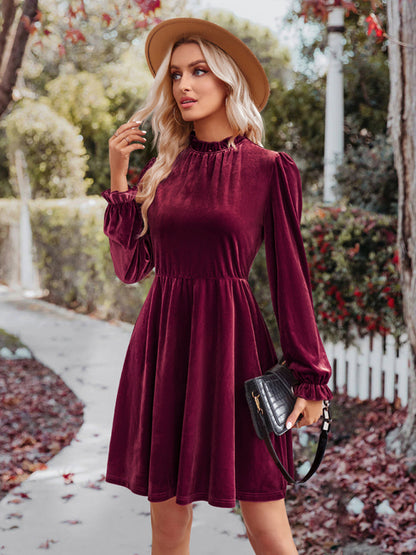 Velvet Dresses- Cocktail Couture: Fit and Flare Long Sleeve Velvet Mini Dress- Wine Red- Pekosa Women Clothing