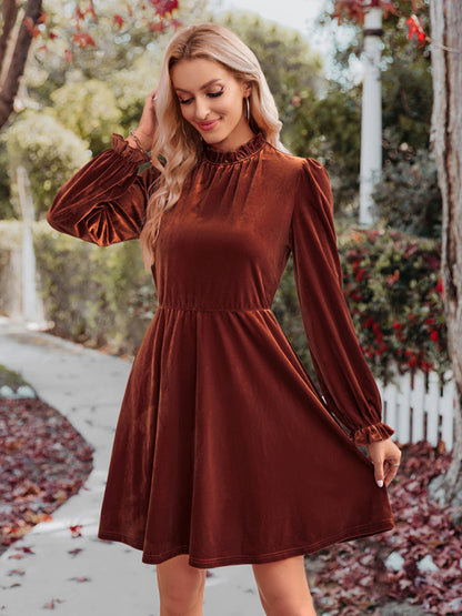 Velvet Dresses- Cocktail Couture: Fit and Flare Long Sleeve Velvet Mini Dress- Brown- Pekosa Women Clothing