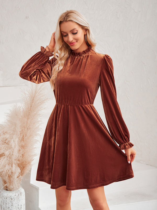 Velvet Dresses- Cocktail Couture: Fit and Flare Long Sleeve Velvet Mini Dress- - Pekosa Women Clothing