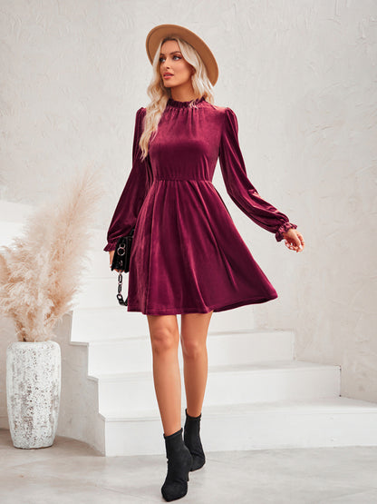 Velvet Dresses- Cocktail Couture: Fit and Flare Long Sleeve Velvet Mini Dress- - Pekosa Women Clothing