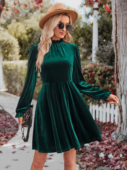 Velvet Dresses- Cocktail Couture: Fit and Flare Long Sleeve Velvet Mini Dress- Green black jasper- Pekosa Women Clothing