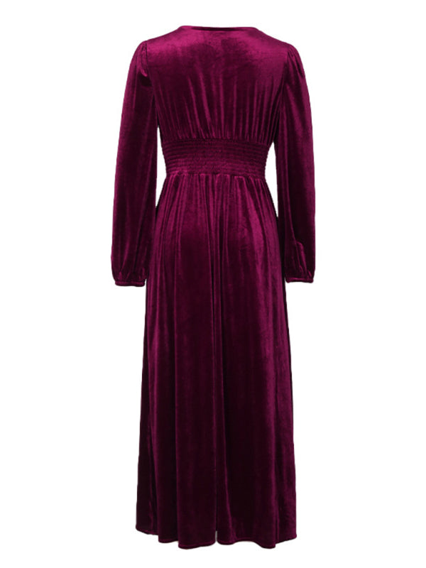 Velvet Dresses- Couture Velvet Velour V-Neck Midi Dress for Holidays- - Pekosa Women Clothing