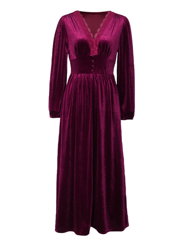 Velvet Dresses- Couture Velvet Velour V-Neck Midi Dress for Holidays- - Pekosa Women Clothing