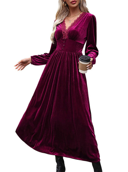 Velvet Dresses- Couture Velvet Velour V-Neck Midi Dress for Holidays- - Pekosa Women Clothing