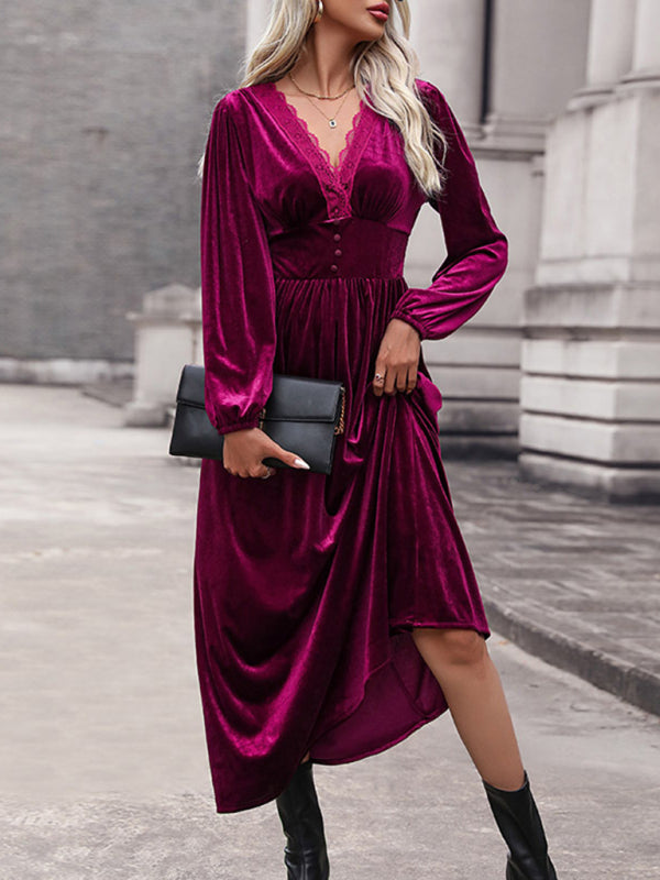 Velvet Dresses- Couture Velvet Velour V-Neck Midi Dress for Holidays- - Pekosa Women Clothing