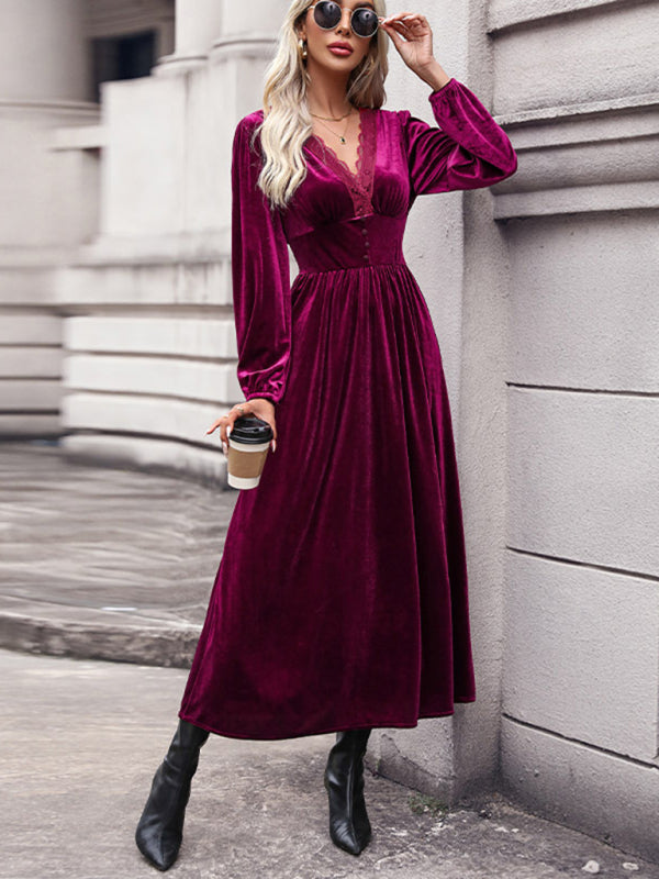 Velvet Dresses- Couture Velvet Velour V-Neck Midi Dress for Holidays- - Pekosa Women Clothing