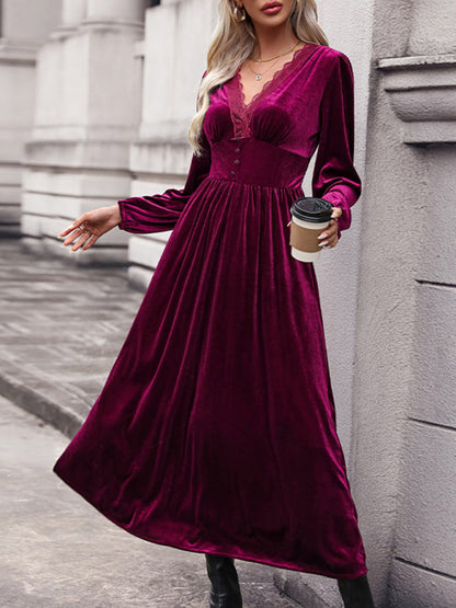 Velvet Dresses- Couture Velvet Velour V-Neck Midi Dress for Holidays- Wine Red- Pekosa Women Clothing