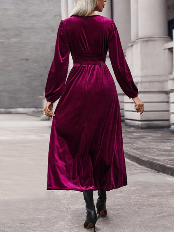 Velvet Dresses- Couture Velvet Velour V-Neck Midi Dress for Holidays- - Pekosa Women Clothing