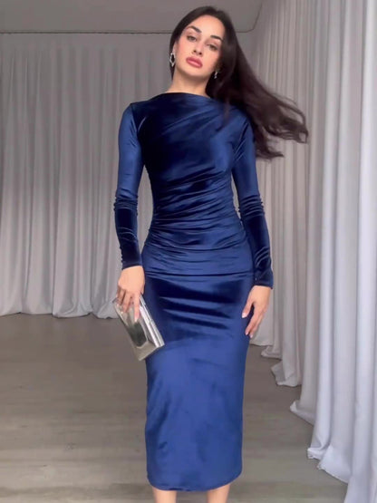 Velvet Dresses- Elegant Long Sleeve Velvet Pencil Dress for Weddings- Blue- Pekosa Women Clothing