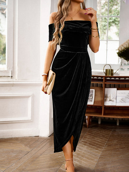 Velvet Dresses- Elegant Off-The-Shoulder Velvet Midi Dress- - Pekosa Women Clothing