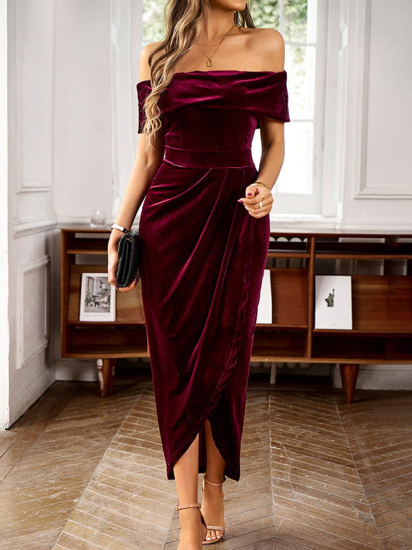 Velvet Dresses- Elegant Off-The-Shoulder Velvet Midi Dress- - Pekosa Women Clothing