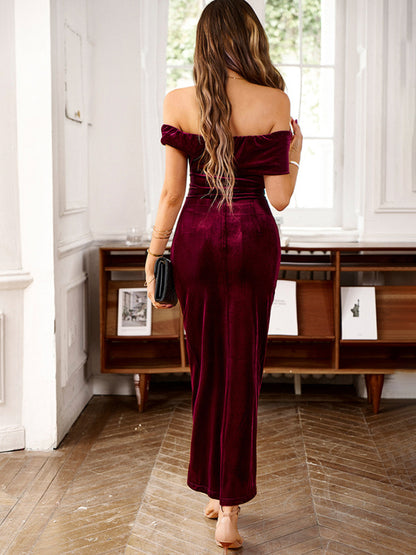 Velvet Dresses- Elegant Off-The-Shoulder Velvet Midi Dress- - Pekosa Women Clothing